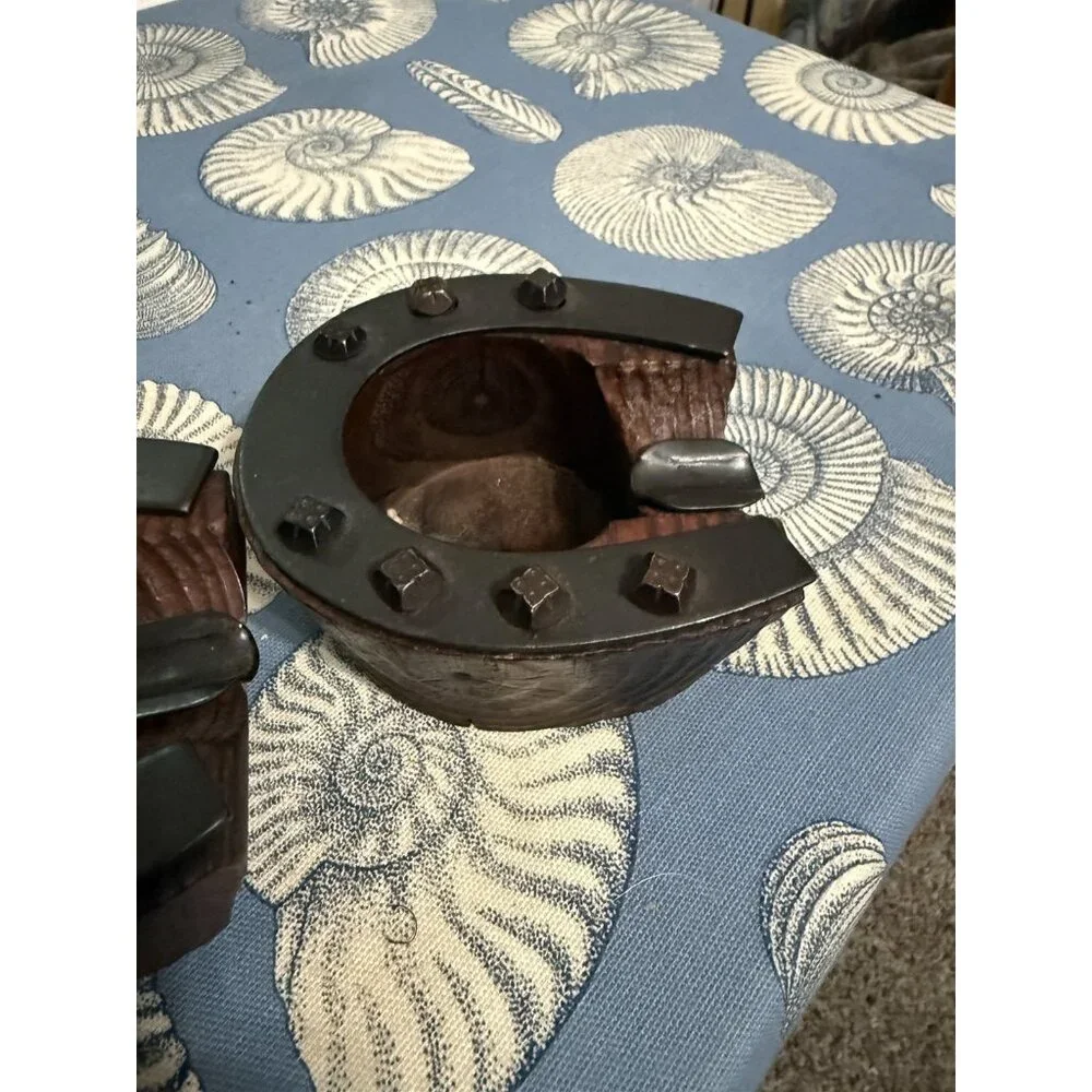 Vintage Wood Horsehoe Ashtray Set Of 2 Western Americana Cowboy